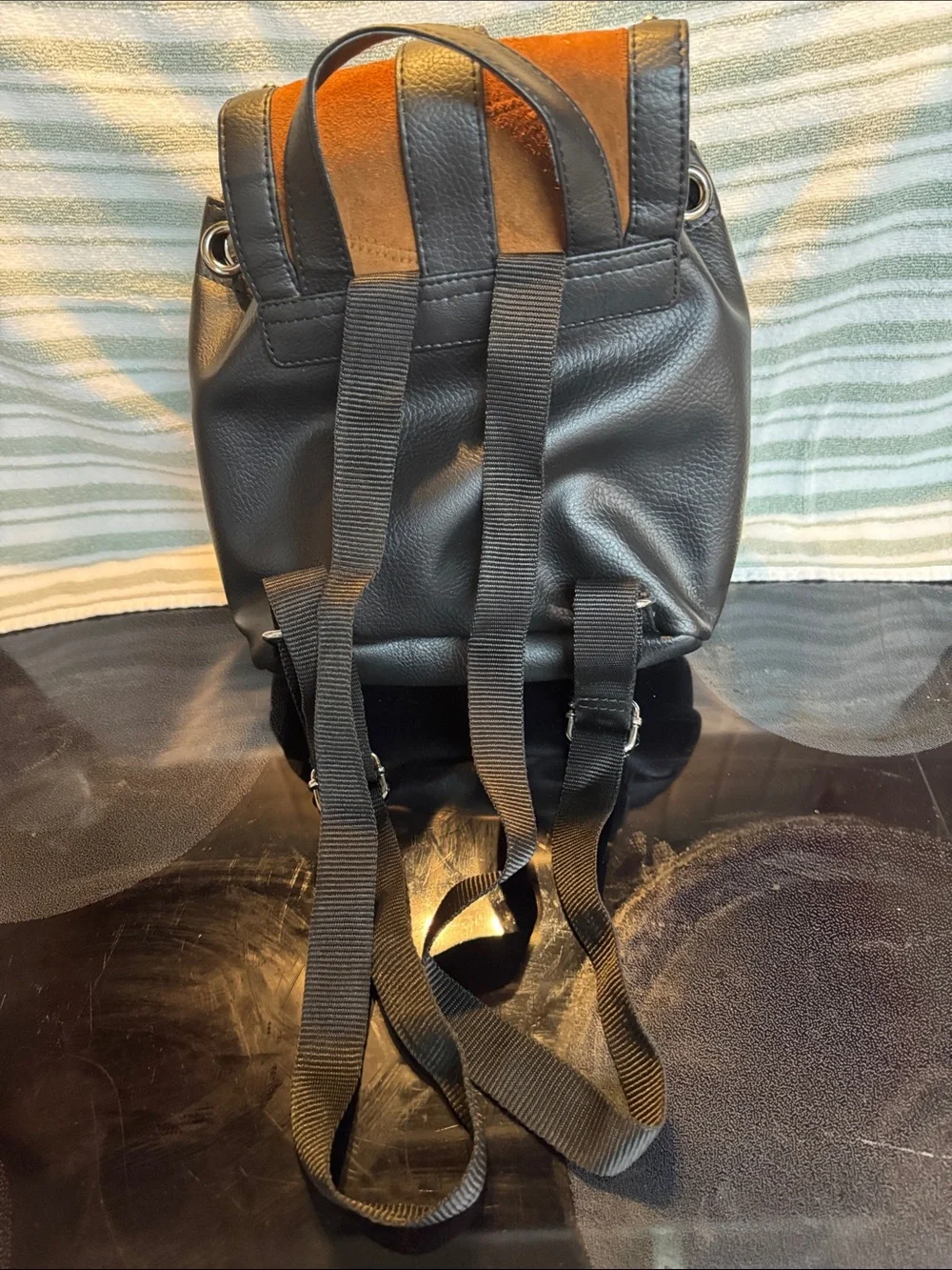 Vaan & Co Black and Brown Leatherette Ladies Backpack - Stylish Stud Detail